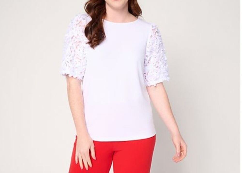 Susan Graver Liquid Knit Top Novelty Elbow Sleeves Size Med White A717829 Nwot